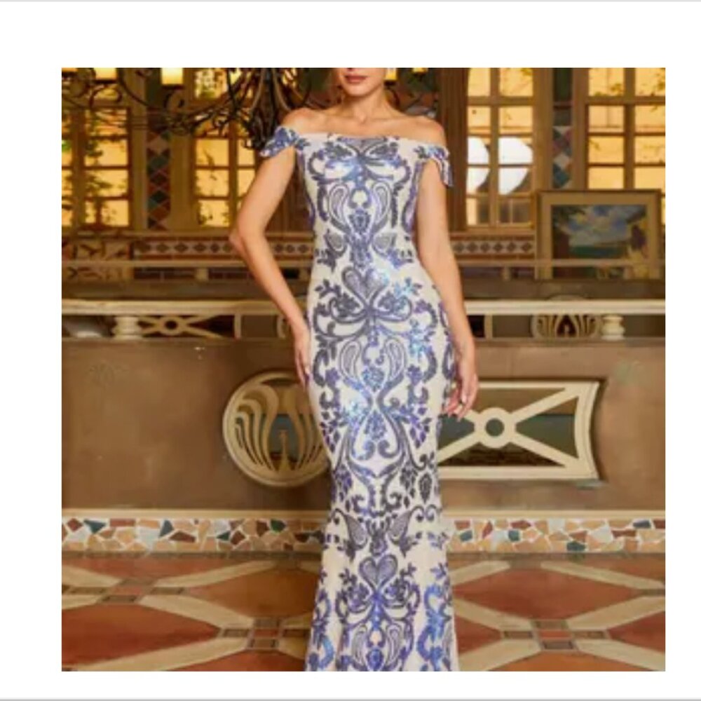 Stunning Beige & Blue Sequin Gown - NWT